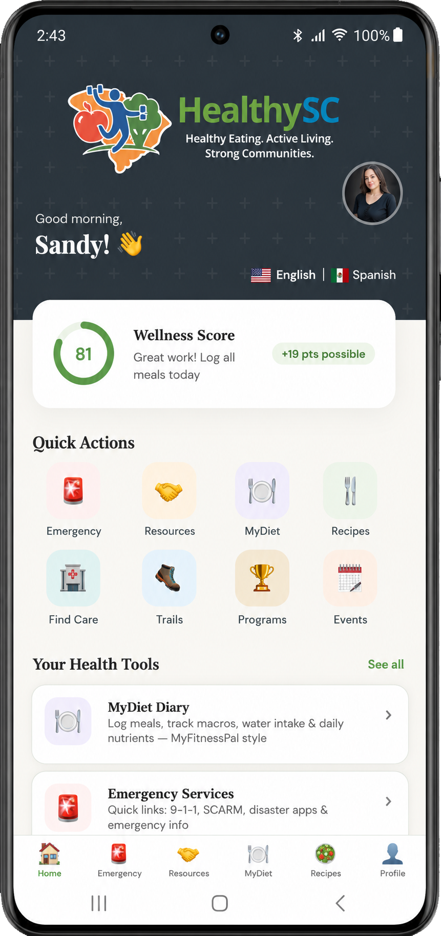 HealthyUSA app home screen